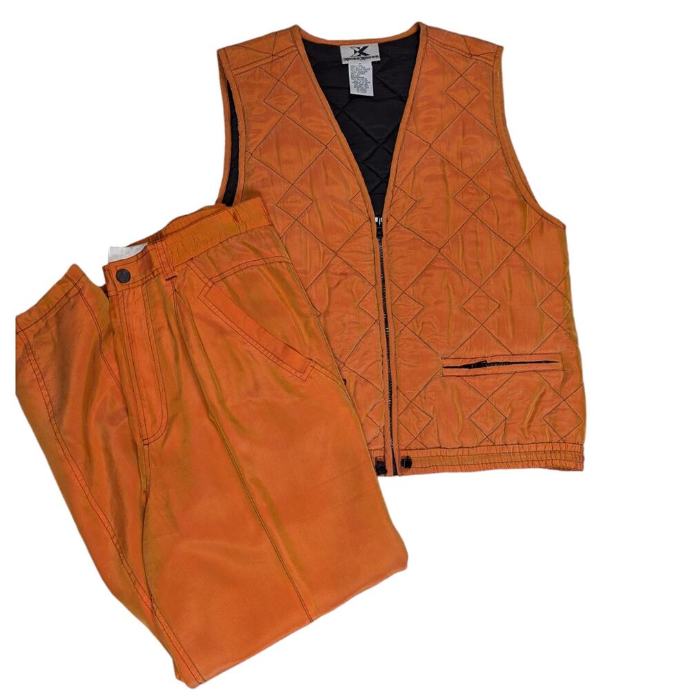 Vintage 80s Silk Quilted Vest Pleated Pants Set Orange Streetwear Clubwear